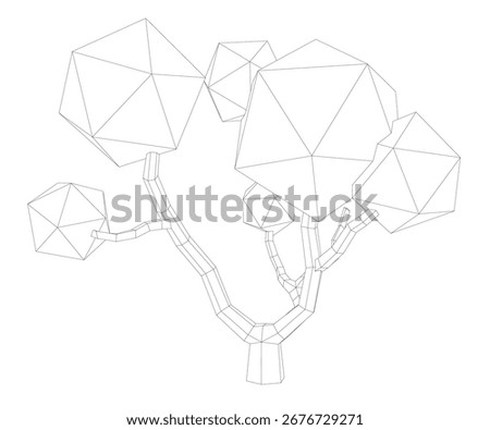 Polygonal tree composed of geometric shapes and wireframe lines, forming a low poly black and white drawing with intricate design.