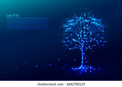 Polygonal tree on dark blue tech background, triangles and particle style design. 