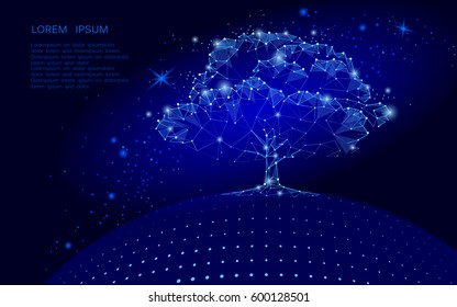 Polygonal tree on dark blue sky background. Abstract Earth eco globe concept. Connected dot line point art life root vector illustration