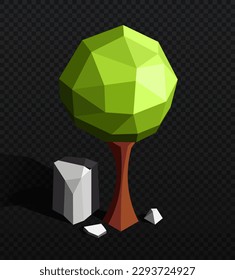 Polygonal tree with stones. Plant with green leaves on copy space. Wood with stones and rocks. Forest landscape and garden. Cartoon isometric vector illustrations isolated on copy space background