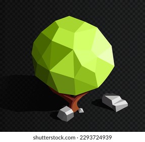 Polygonal tree with stones. Plant with green foliage on copy space. Botany and flora, wild life. Symbol of spring and summer. Cartoon isometric vector illustrations isolated on copy space background