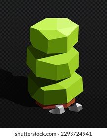 Polygonal tree with stones. Plant with green foliage on copy space. Design element for game and mobile app development. Cartoon isometric vector illustrations isolated on copy space background