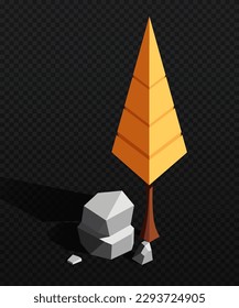 Polygonal tree with stones. Plant with orange foliage on copy space. Autumn and fall season. Garden and forest landscape. Cartoon isometric vector illustrations isolated on copy space background