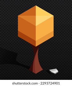 Polygonal tree with stones. Wood with orange leaves on copy space. Autumn and fall season. Forest landscape and garden. Cartoon isometric vector illustrations isolated on copy space background