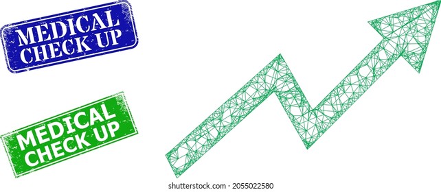 Polygonal up trend arrow image, and Medical Check Up blue and green rectangle corroded stamp seals. Polygonal carcass image is based on up trend arrow pictogram.