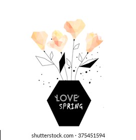 Polygonal trendy flower set. Four different triangle flower with leaves. Wedding, anniversary, birthday, Valentin's day, party invitations. Vector. Isolated. pastel pink and black color.grunge style. 