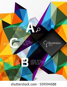 Polygonal triangle abstract background with infographics. Vector 3d mosaic template background for workflow layout, diagram, number options or web design