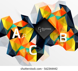 Polygonal triangle abstract background with infographics. Vector 3d mosaic template background for workflow layout, diagram, number options or web design