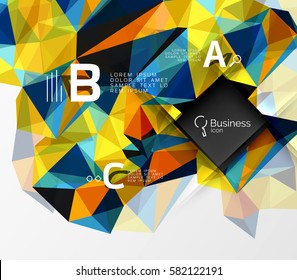 Fundo abstrato do triângulo poligonal com infográficos. Plano de fundo do modelo de mosaico 3d vetorial para layout de fluxo de trabalho, diagrama, opções de número ou design da Web