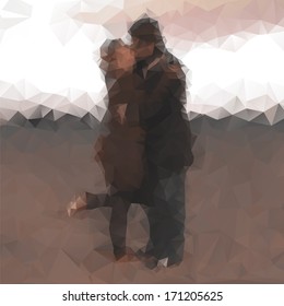 Polygonal triangle abstract background with kissing couple