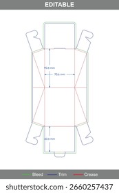 Dieline de caixa triangular poligonal com dimensões personalizadas e linhas de dobragem precisas, adequado para layout de embalagem vetorial, caixas de produtos imprimíveis e modelos de caixa triangular