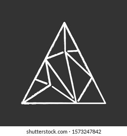 Polygonal triangle chalk icon. Geometric flat figure. Fractal structure. Triangular decorative element. Three corners and sides. Abstract shape. Isometric form. Isolated vector chalkboard illustration