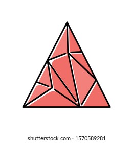 Polygonal triangle color icon. Geometric flat figure. Fractal structure. Triangular decorative element. Three corners and sides. Solid abstract shape. Isometric form. Isolated vector illustration