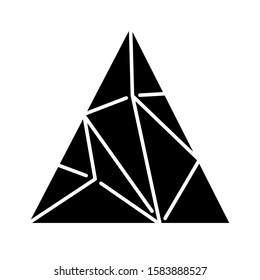 Polygonal triangle glyph icon. Geometric flat figure. Fractal structure. Triangular element. Solid abstract shape. Isometric form. Silhouette symbol. Negative space. Vector isolated illustration
