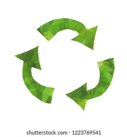 Polygonal triangle low poly green resycle  
symbol with arrows  isolated at white background. Garbage reuse and ecology vector sign.
