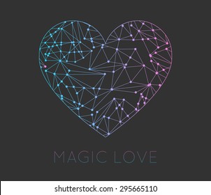 Polygonal triangles, hipster cosmic logo of heart, space icon and magic card