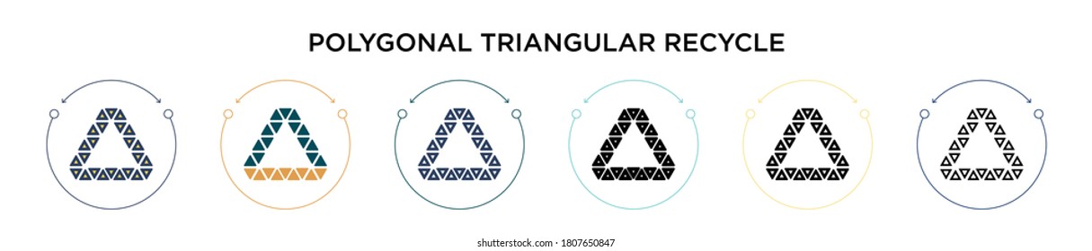 Icono de símbolo triangular poligonal en el estilo relleno, delgado, contorno y trazo. Ilustración vectorial de dos símbolos triangulares multicolores y negros, los iconos vectoriales pueden ser 