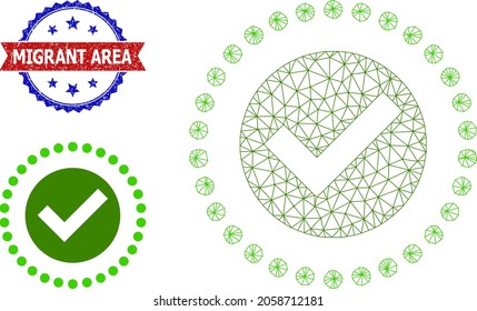 Polygonal true area wireframe icon, and bicolor rubber Migrant Area stamp. Mesh wireframe illustration created from true area icon.