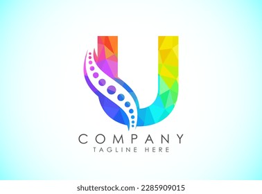 Polygonal U alphabet with chiropractic spine logo. Low poly style spinal care icon for business and company identity.