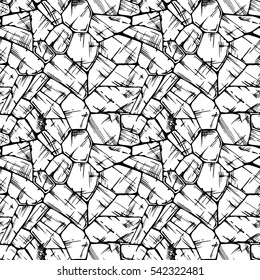 Polygonal uncoursed. Seamless black and white pattern of grunge stone wall. Vector illustration texture in ink hand drawn style.
