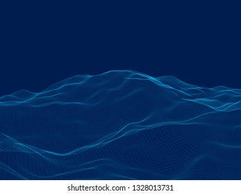 Polygonal uneven terrain. 3D. Wireframe of the surface of the mountains of the blue lines. Vector illustration