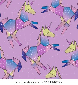 Polygonal unicorn with constellations. Hand drawn colored vector seamless pattern