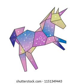 Polygonal unicorn with constellations. Hand drawn colored vector illustration