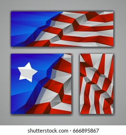 Polygonal USA flag banners set. Low poly Independence day background for card, poster and flyer.