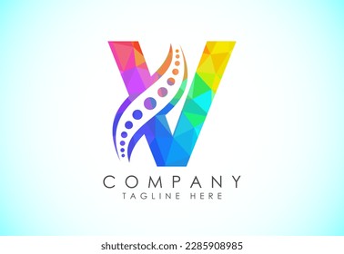 Polygonal V alphabet with chiropractic spine logo. Low poly style spinal care icon for business and company identity.