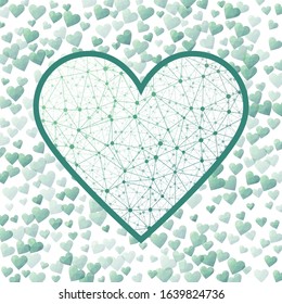 Polygonal Valentine's Day heart. Geometric heart mesh in blue-green color shades with blue-green connections. Amazing network-style vector illustration.