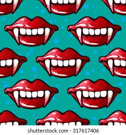 Polygonal vampire smile with fangs. Seamless pattern.