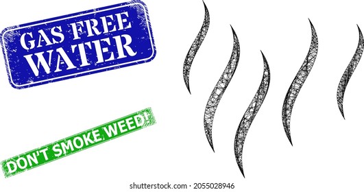 Polygonal vapour image, and Gas Free Water blue and green rectangle unclean stamps. Mesh wireframe image is designed with vapour icon. Stamps contain Gas Free Water caption inside rectangle form.