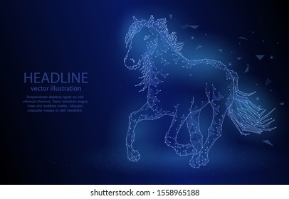 Polygonal vector 3d illustration concept, abstraction, galloping horse, on a dark blue background, a symbol of nature, freedom, strength and power.
