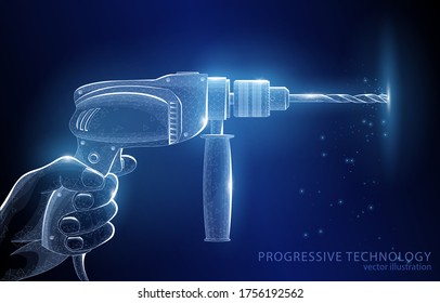 Concepto de ilustración 3d del vector poligonal del trabajo de un taladro, sobre un fondo azul oscuro, el símbolo de construcción, herramienta, trabajo de reparación.