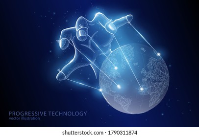 Polygonale Vektorgrafik 3D-Konzept einer Hand, die unseren gesamten Planeten regiert, auf dunkelblauem Hintergrund, Symbol für Wirtschaft, Finanzen und
  Verschwörungstheorien.