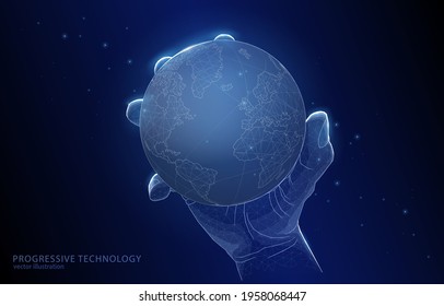 

Polygonal vector 3d illustration of a hand holding the planet Earth, on a dark blue background, management, a symbol of globalization, business, finance and
  conspiracy theories.