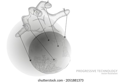 
Polygonal vector 3D illustration of a hand that controls our entire planet, like a puppet, on a white background, a symbol of business, finance and
  conspiracy theories