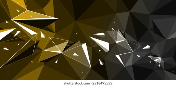 Polygonal vector abstract background, 3D low poly dark hot surface structure with chaos motion of debris particles, broken elements flying dynamism, hot energy.