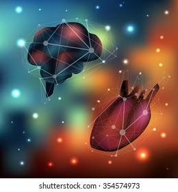 Polygonal vector abstract constellation of Heart vs. Brain with glowing stars and blurred background