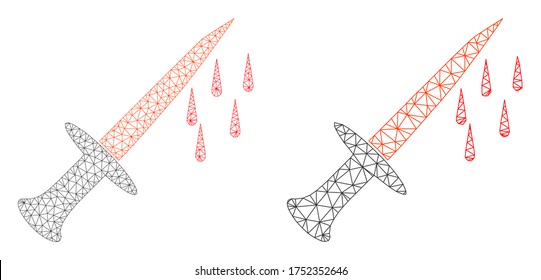 Polygonal vector blood sword icon. Mesh carcass blood sword image in low poly style with structured triangles, points and linear items. Mesh composition of triangulated blood sword,