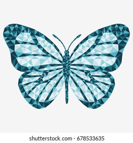 Polygonal Vector butterfly. Turquoise pattern isolated on white background.