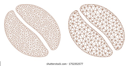 Polygonal vector coffee bean icon. Mesh wireframe coffee bean image in lowpoly style with structured triangles, dots and lines. Mesh composition of triangulated coffee bean, on a white background.