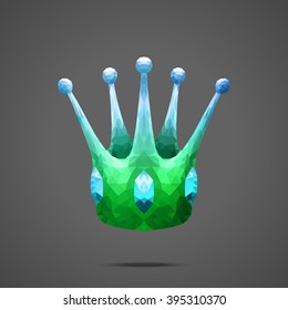 Polygonal vector crown with precious stones. Symmetric blue - green gradient. Low poly design. Side light source.