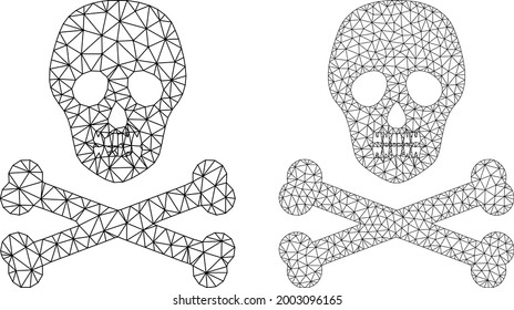Polygonal vector death skull icons. Polygonal carcass death skull images in lowpoly style with structured triangles, dots and linear items. Mesh composition of triangulated death skull,