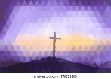 Polygonal vector design. Hand drawn Easter scene with cross. Jesus Christ. Crucifixion. Vector watercolor illustration.