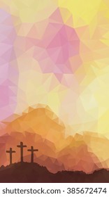 Polygonal vector design. Hand drawn Easter scene with cross. Jesus Christ. Crucifixion. Vector watercolor illustration.