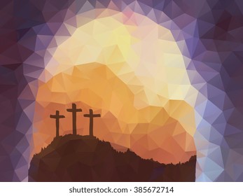 Polygonales Vektordesign. Handgezeichnete Osterszene mit Kreuz. Jesus Christus. Crucifixion.Vektorgrafik der Aquarellfarben.