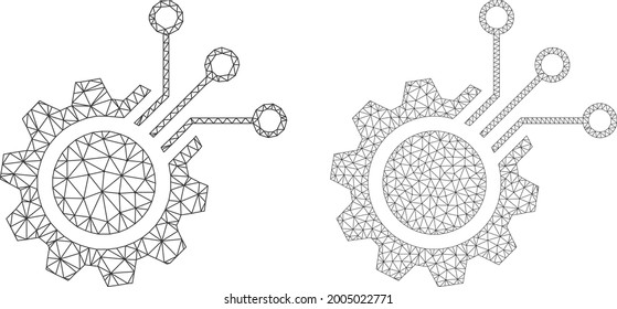Iconos de engranajes electrónicos vectoriales poligonales. Imágenes de engranajes electrónicos de canal poligonal de estilo bajo con triángulos, puntos y líneas estructurados. Modelo de malla de los artes electrónicos triangulados,