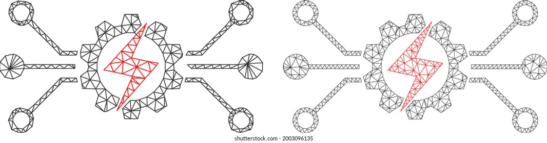 Polygonal vector energy hitech icons. Mesh carcass energy hitech images in lowpoly style with structured triangles, points and lines. Mesh model of triangulated energy hitech, on a white background.