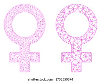 Icono de símbolo femenino vector poligonal. Imagen de símbolo femenino de la canal poligonal en bajo estilo de poli con triángulos, puntos y líneas organizados. Ilustración en malla del símbolo femenino triangulado,